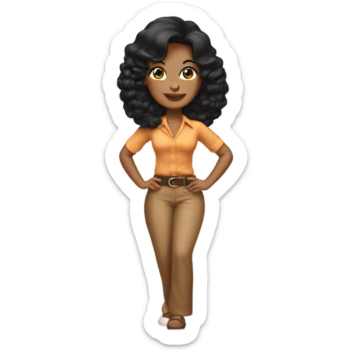 Tanned woman with black hair wearing 1970s style outfit and hair sticker