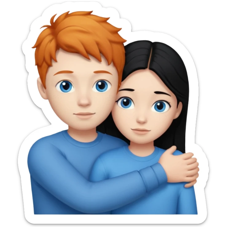 Ginger boy without facial hair hugging girl with black hair. Both have blue eyes.  sticker
