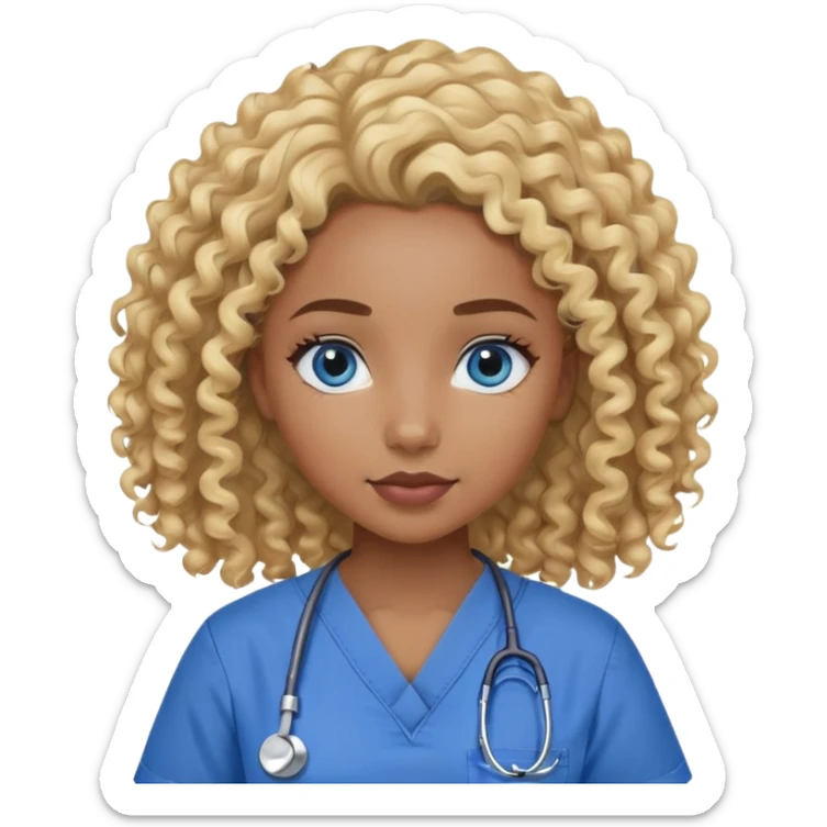 Black Girl with curly blonde hair and blue eyes in scrubs sticker