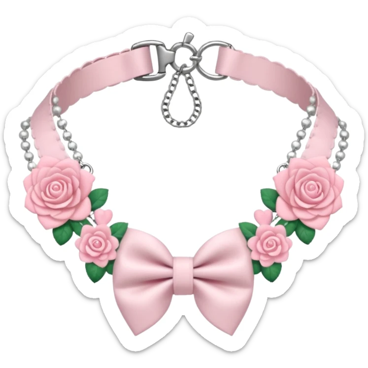 Pastel-baby-rose-pink Lolita-styled aesthetic cute kawaii choker-collar-necklace adorned with with white frills, roses, hearts, bow tie, silver chains, sakura, apparel separated  sticker