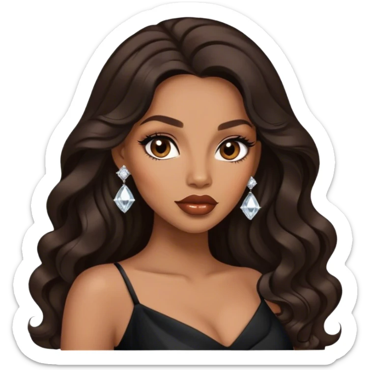 light brown skin tone, very beautiful woman, with big plump lips, long long lashes, black wavy long hair, brown eyes, black dress, diamond earrings sticker