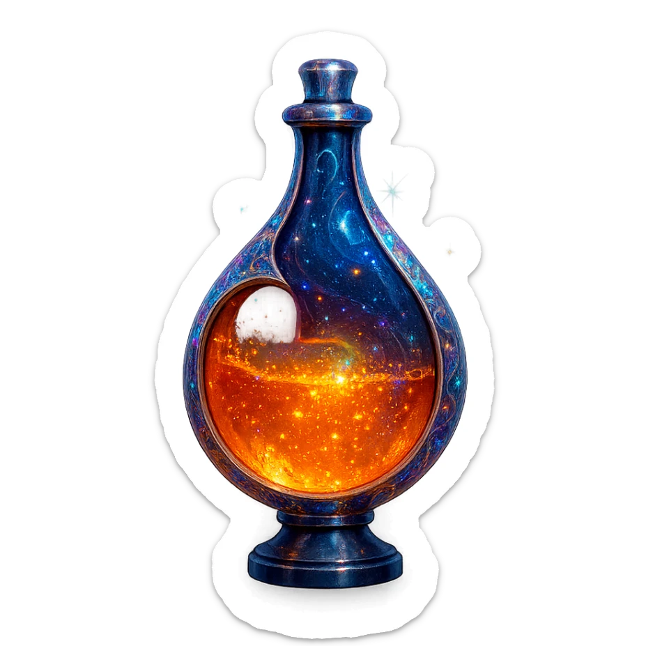 modernus prabangus eliksyro buteliukas, Patreon logotipo įkvėpta forma, oranžinė ir tamsiai mėlyna spalvos, holografiniai ir sidabriniai ornamentai, stiprūs magiški švytėjimai ir efektai, labai mažas kaklelis, skaidrus fonas, vientisas dugnas, be šešėlio, plūduriuoja ore, kolekcijos stilius sticker