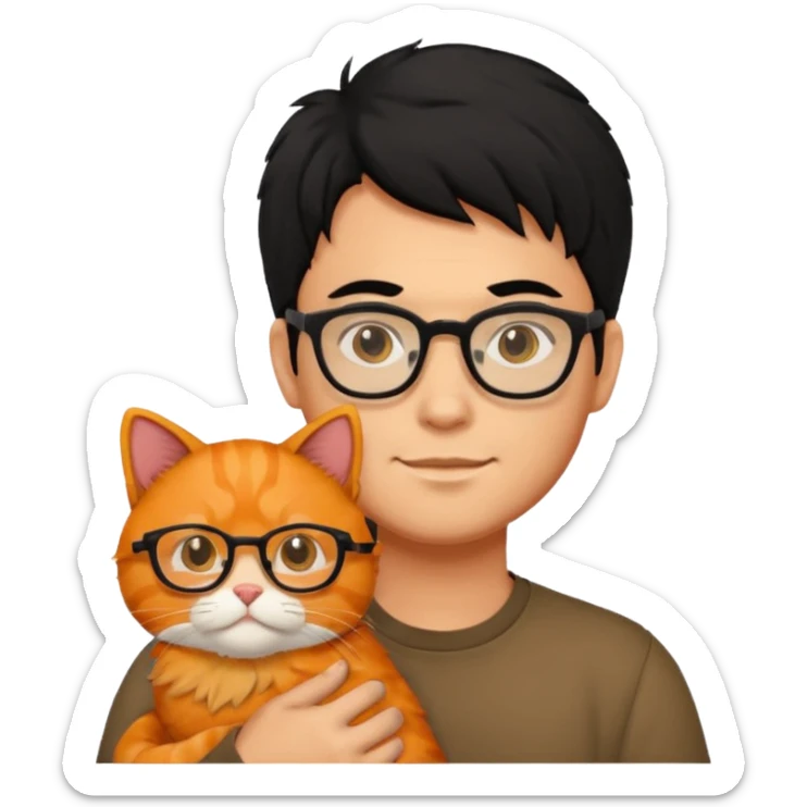 Veterinario hombre trigueño con lentes, con cabello negro y  un gato naranja sticker
