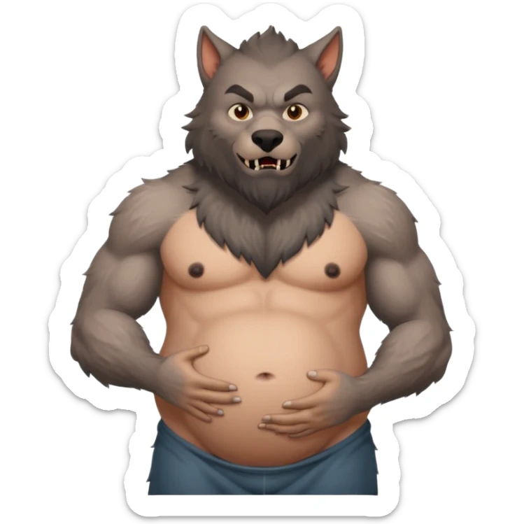 A shirtless pregnant burly male werewolf holding his pregnant belly  sticker