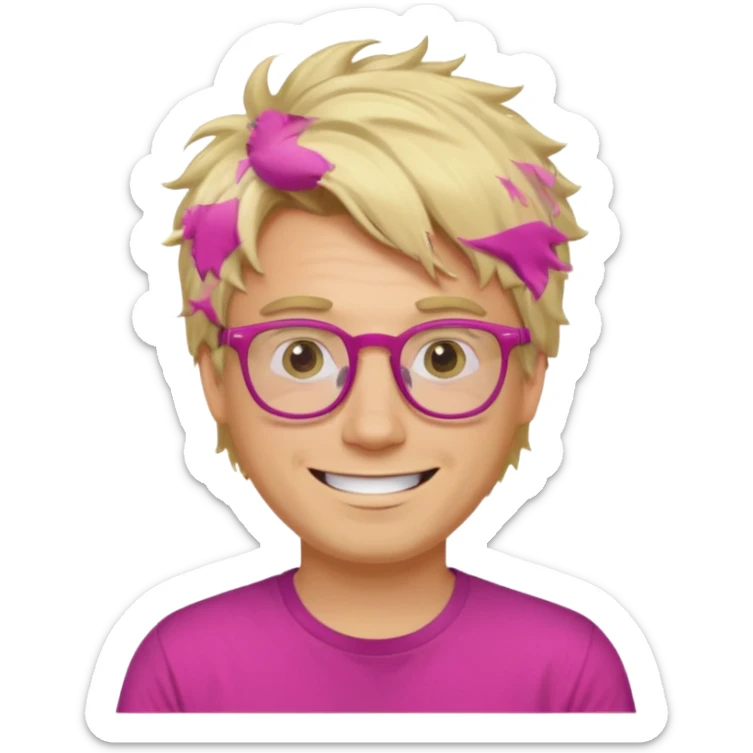 A blond guy with messy hair is smiling. He wear glasses and a fushia T-shirt sticker