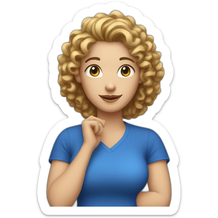 white woman-designer with curly hair, wears blue t-shirt shows heart with her hands sticker