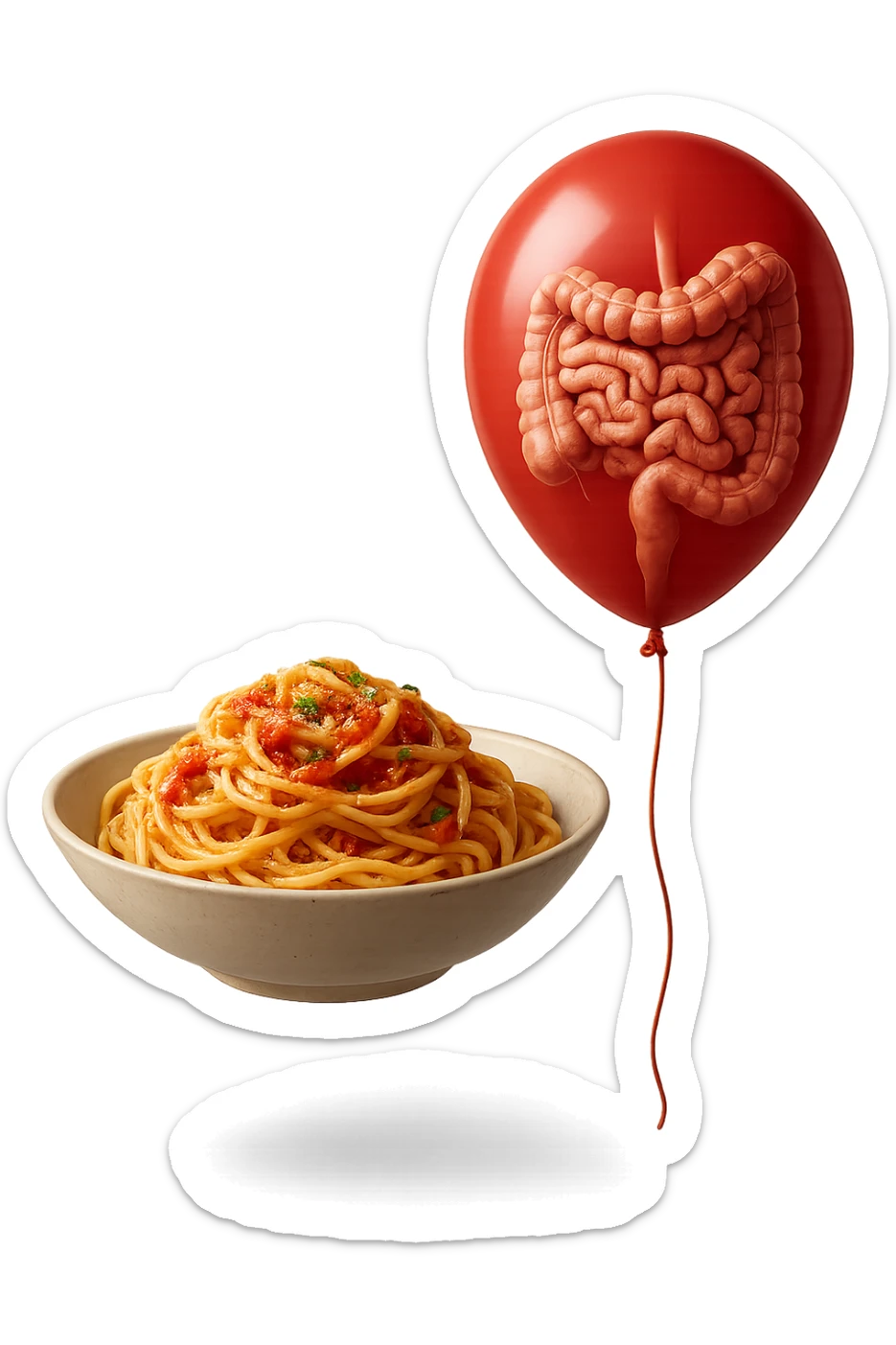 bowl di pasta fluttua in aria insieme ad un palloncino rosso con all'interno un intestino umano anatomico realistico, iperrealistico 4k sticker