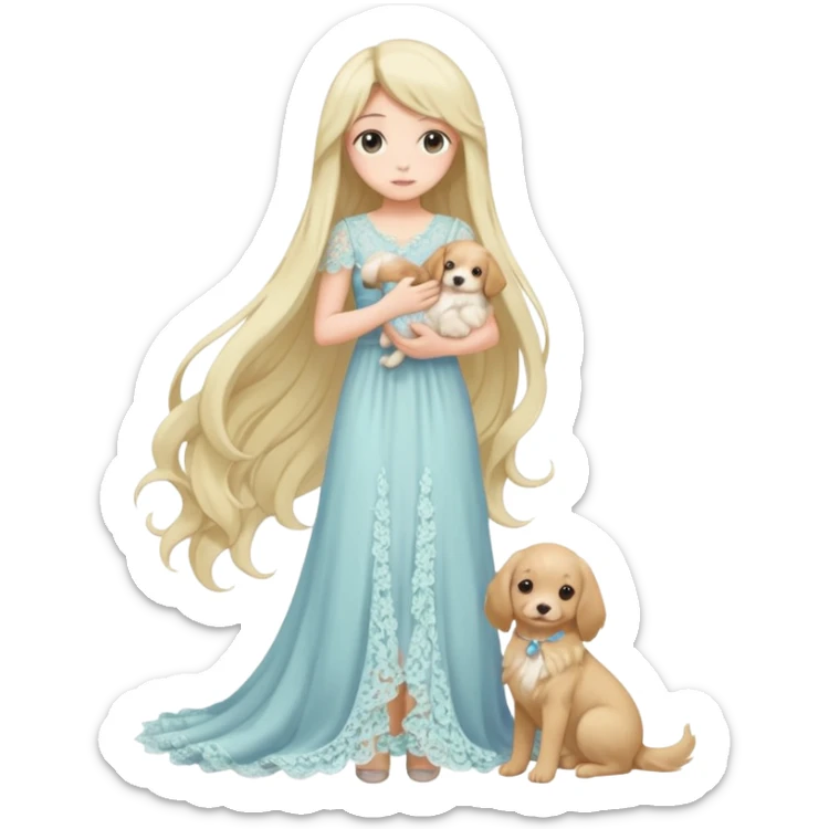 Pastel anime lady long hair with long lace dress full body holding puppy sticker