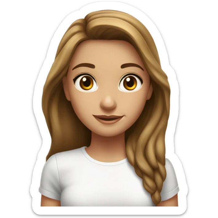 
brunette girl, big hazel eyes, shiny hair, tanned complexion, good health, white t-shirt sticker