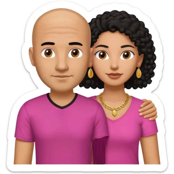 A picture if a couple. the man is a Mexican man with tanned skin, black hair, a bald hair cut, short boxed beard, and with a black t-shirt on. the woman is mixed with black and white, with brown curly long hair, gold earrings, a gold necklace and a pink shirt on and big boobs sticker