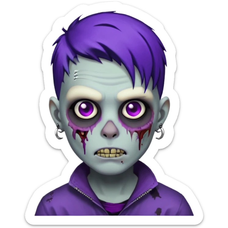 A zombie boy with black scene hair with purple streaks, ear gauges, and facial piercings  sticker