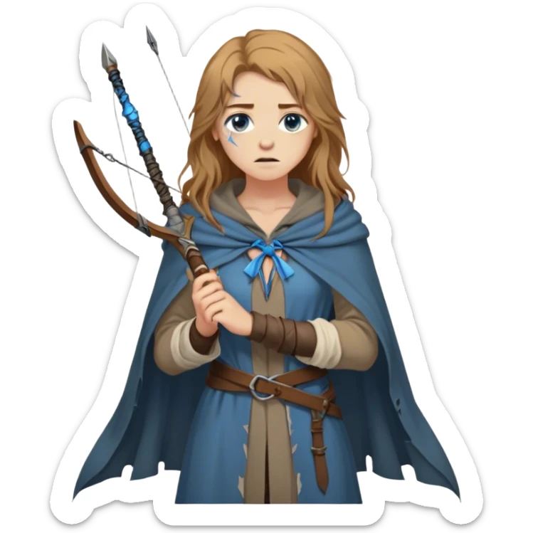 A young human woman with long, unkempt golden-brown hair, piercing blue-gray eyes filled with quiet determination. Dressed in a worn tunic and a tattered cloak, her calloused hands grip a bow, a hunter surviving against the odds. sticker