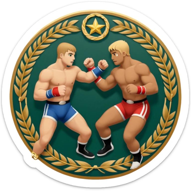 An icon symbolizing wrestling combat sports in the style of an emblem. The design features two wrestlers locked in a powerful grapple, one attempting to take the other down. Surrounding the scene are stylized elements like a championship belt, wrestling mat, and a laurel wreath. sticker