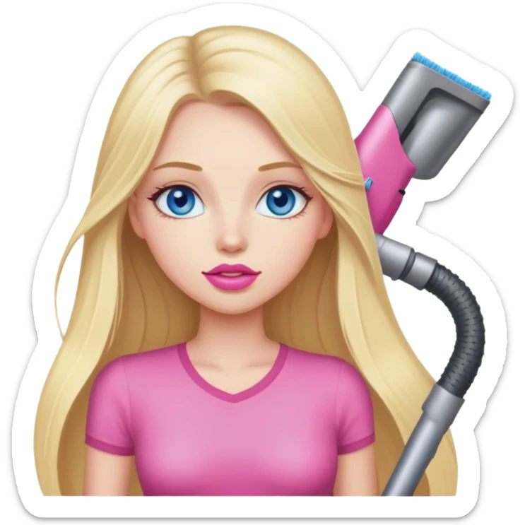 Cinematic realistic blonde with long hair, blue eyes and pink lips vacuums sticker
