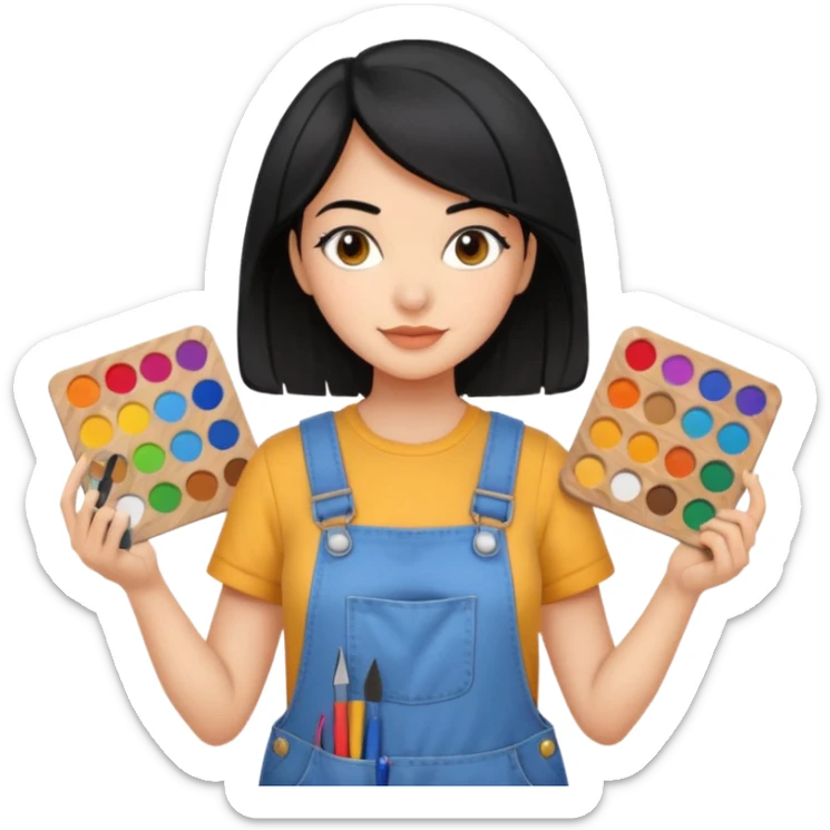 Créame emoji de una mujer que sea diseñadora industrial, pelo negra, piel morena, femenina con overol y una paleta de colores o herramientas de taller  sticker