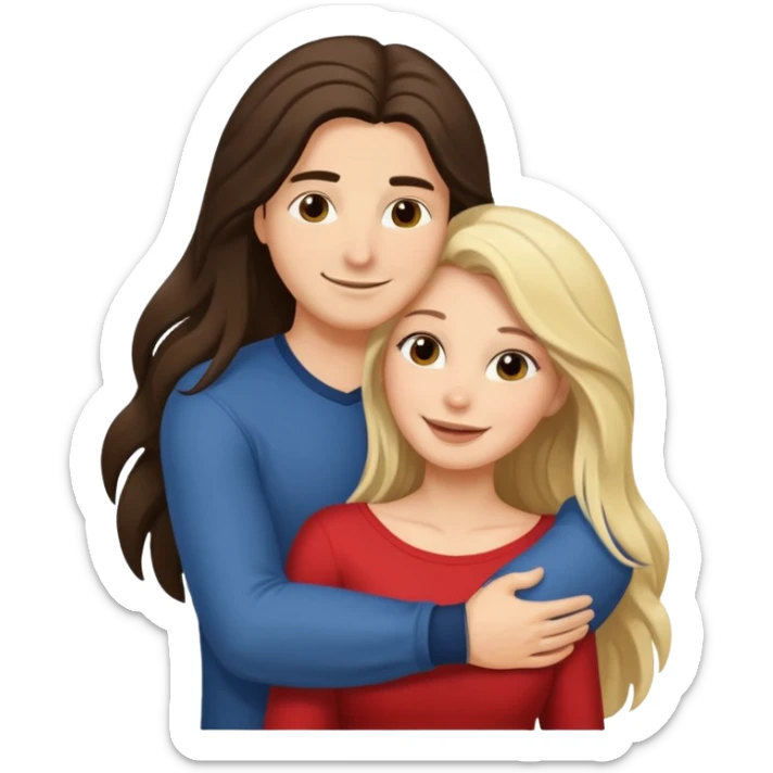 A happy boyfriend and girlfriend hug. She is brunette sexy with long hair. He is blonde sticker