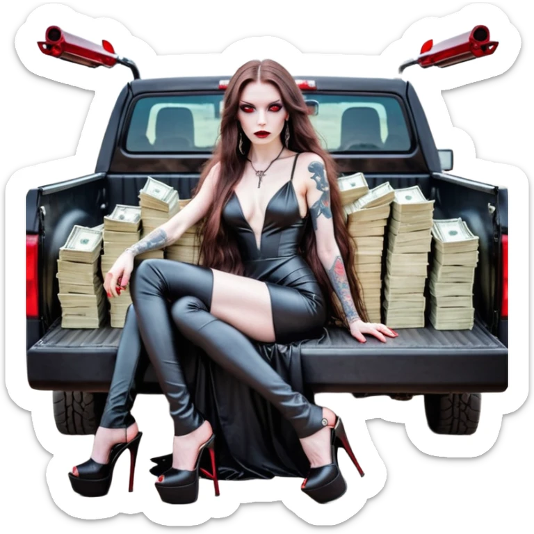 Lilith symbol red eye seductress evil long brown haired sexy succubus woman with leather long dress with slit, sitting in Big Large F350 pickup truck. Black Platform high heels on feet. Tattoo sleeve , seat full of stacks of cash, and a man dead human skull of her enemies and a gun in other hand sticker