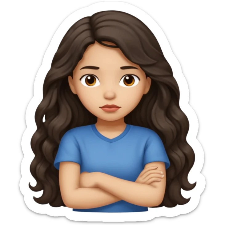 Hispanic girl with long dark wavy hair crossing her arms and slightly pouting sticker