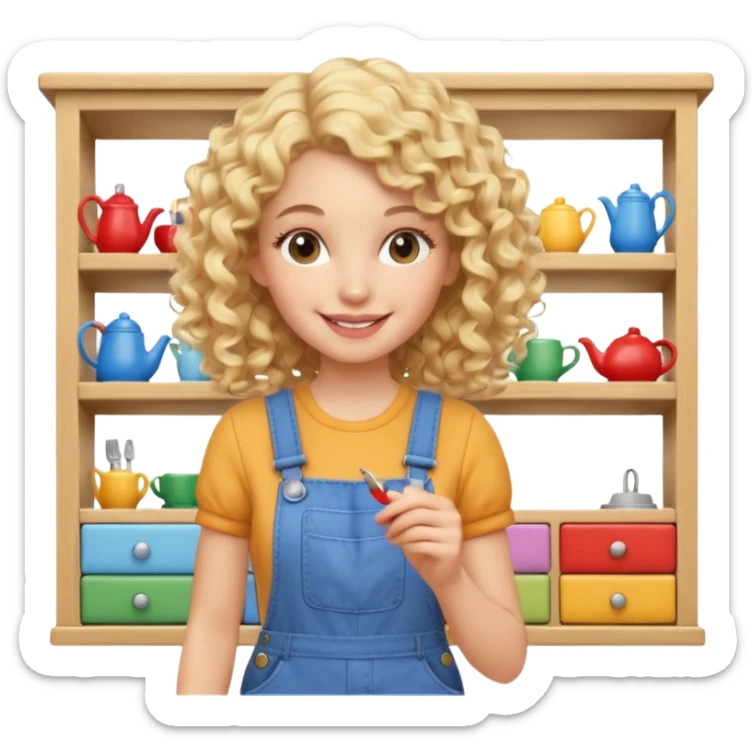 smiling blonde curly woman arranging furniture in doll house with overalls sticker