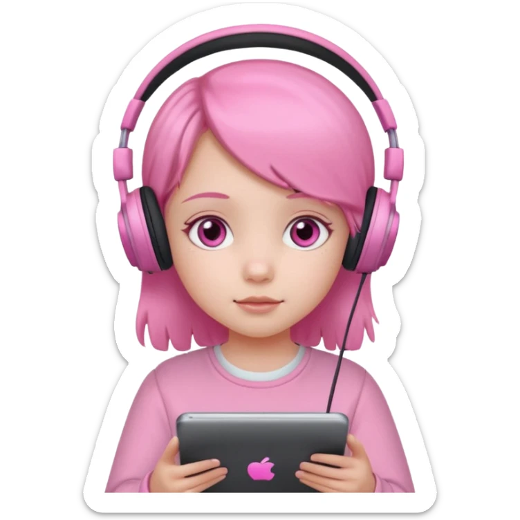 Little girl with headphones when pink eyes and pink iPad and pink dreamy background sticker