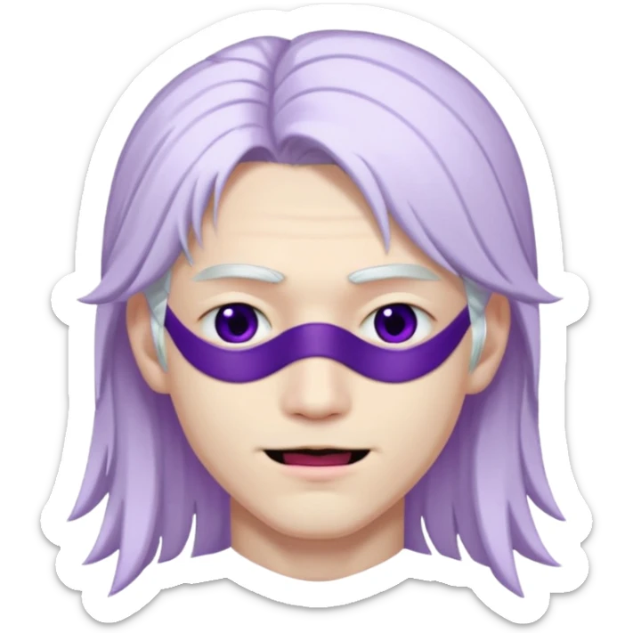 A young pale skinned Japanese man, with long free white hair. Purple eyes pink lips. Devious smile and an eyepatch sticker
