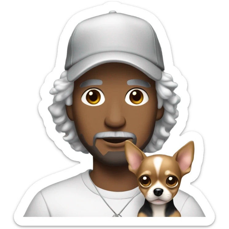 man with blue eyes gray hair and goatee wearing ball cap holding chihuahua with long black hair sticker