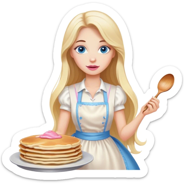 Cinematic realistic beautiful blonde with long hair, blue eyes and pink lips in a white dress cooks pancakes sticker