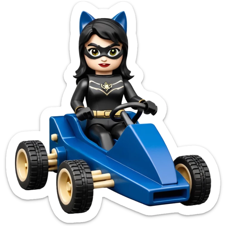 full size real-appearance road Lego racing sexy buxom CatWoman’s feminine midnight-colored tight outfit sixty’s tv show dark stealthy accurate sporty safe plush deluxe off-road pursuit drifting car jaguar (black hair,reclined and relaxed torso and shoulders back seating position) cross kart  sticker