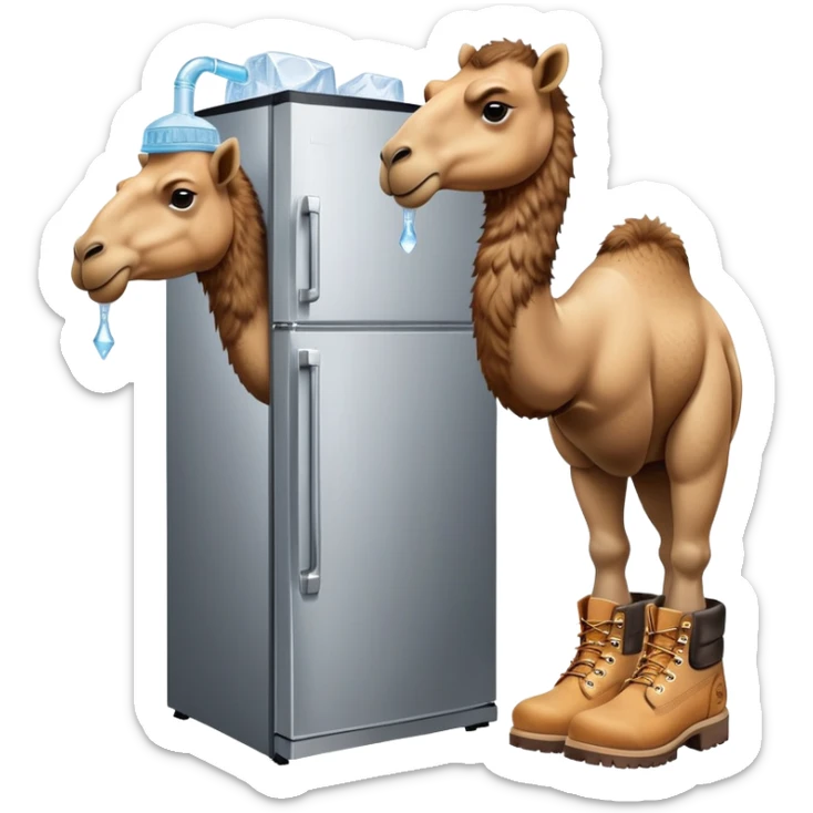 A desert camel head and neck attached to a stainless steel refrigerator body with ice dispenser, wearing classic Timberland-style work boots sticker