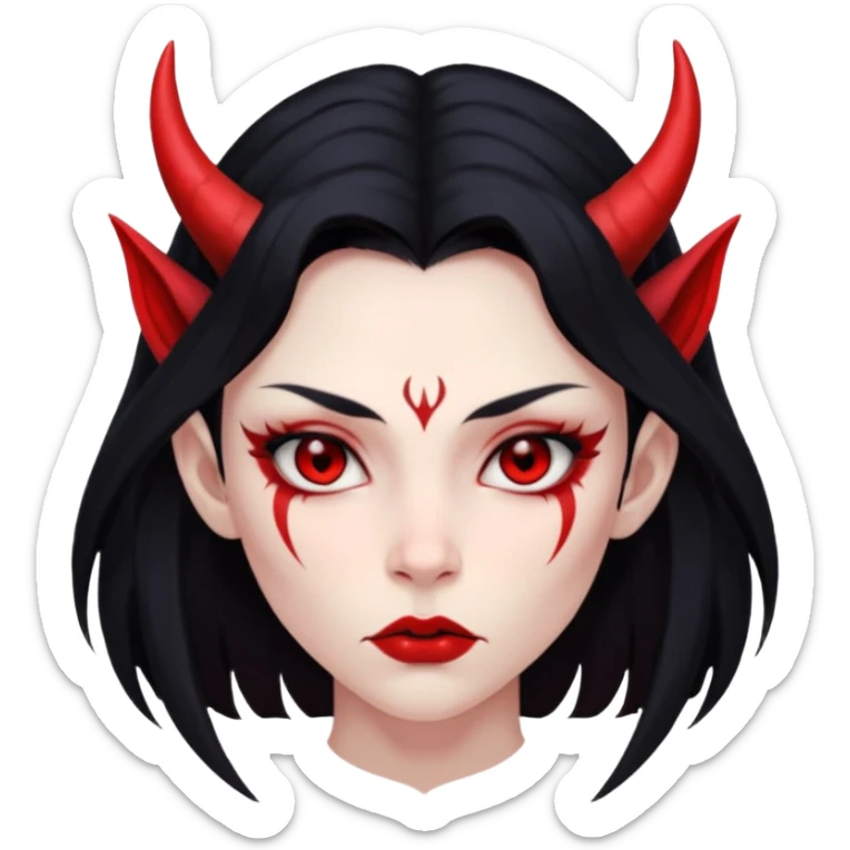 Head only: demon girl, 100% red skin, long black hair, small horns, sharp cheekbones, serious eyes, full lips, pointed ear; centered, no body, no text. sticker