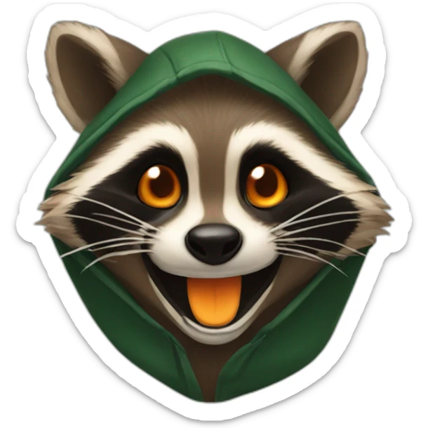 brown raccoon with orange eyes and a dark green hood that is laughing sticker