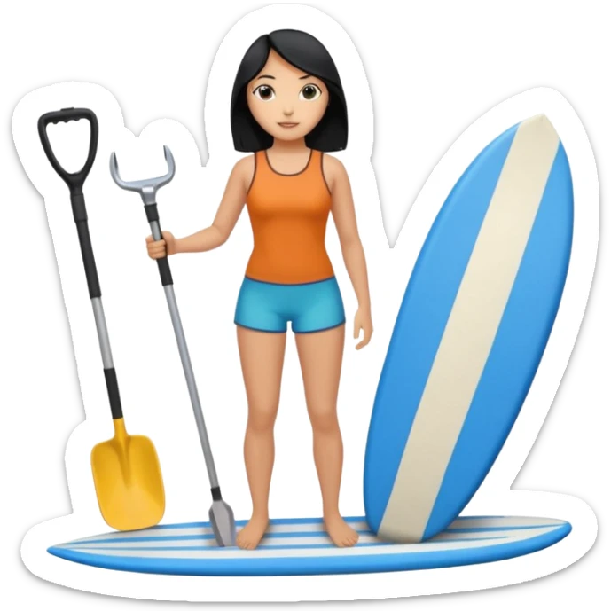 Surfer(woman) black hair holding her cell phone and long garden shovel with another hand. Under her feet, there is one blue surfing board. sticker