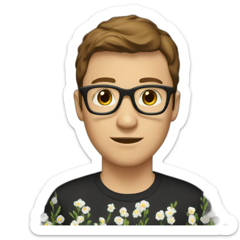 white guy short brown hair wearing glasses and dark t-shirt with flowers print sticker