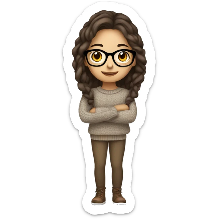 hispanic girl, long brown hair, brown eyes, full body, glasses, young, winter sweater sticker