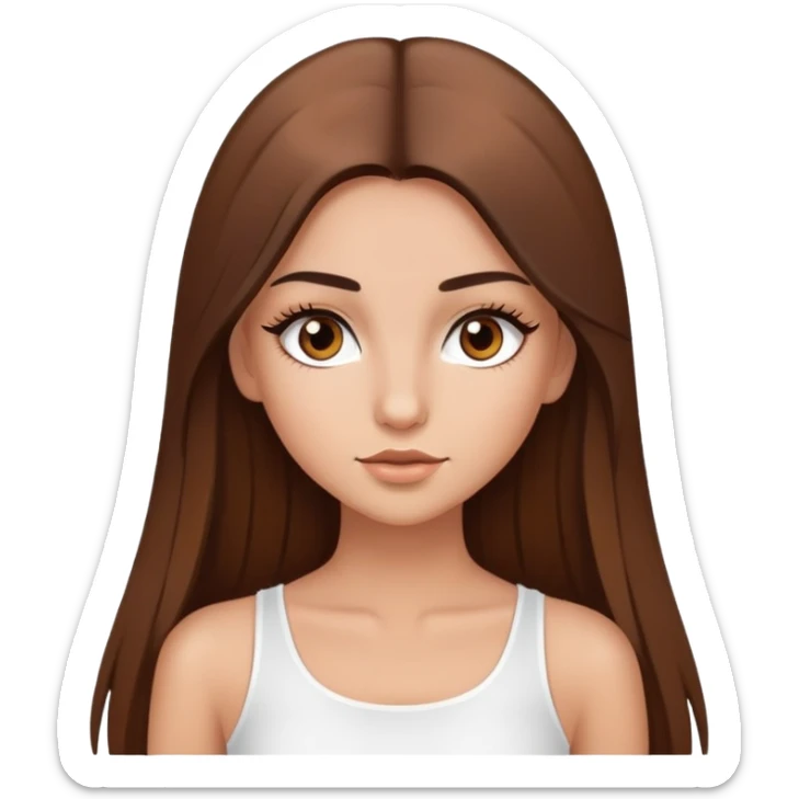 beautiful girl, long straight brown hair, brown eyes with lashes, wearing a white crop top, tan skin sticker