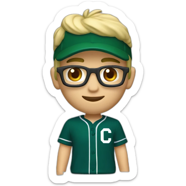 Blonde male short hair with glasses Dark green baseball uniform with hat Blue eyes and with "C" on the dark green hat. make the style slightly 3D with a diagonal angle. Crop from chest up sticker