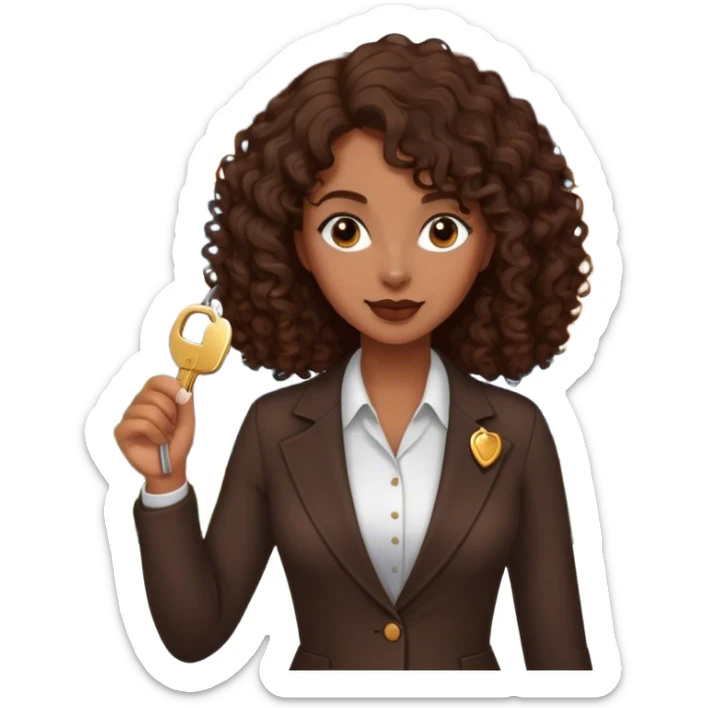 Dark brown lady with medium brown mid length curly hair in real estate job with house and keys sticker