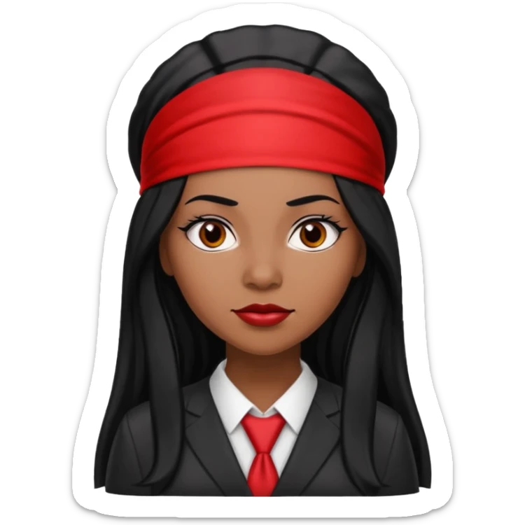 Black woman lawyer with long black hair and red headband, strong and sharp personality, confident look sticker