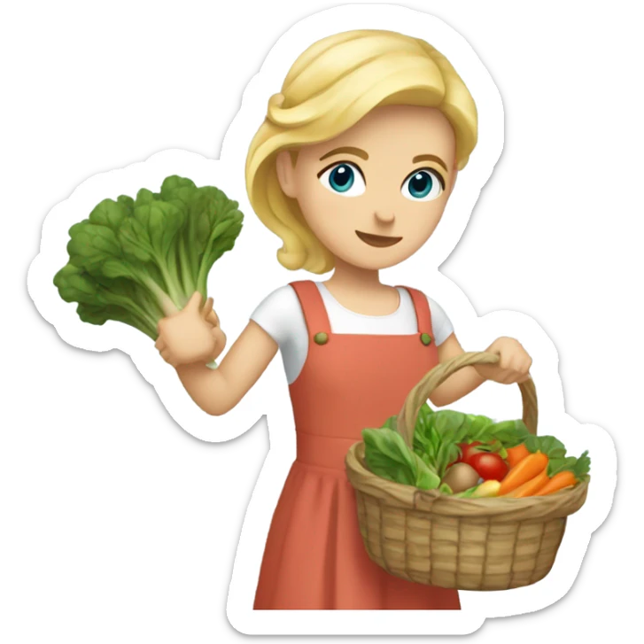 Girl with blonde hair and blue eyes a sleeveless dress carrying two baskets of vegetables and greens sticker