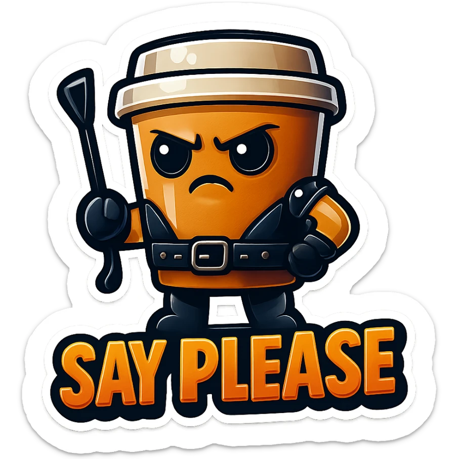 Tall coffee cup, dressed in leather holding a whipping crop, eyebrow furrowed, "big "Say Please" sticker