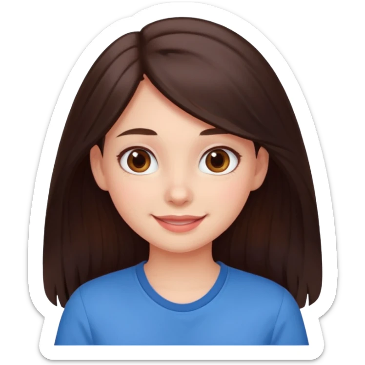 An emoji ios 18 featuring a girl with dark brown long hair, brown big eyes, light pinkish skin, red cheeks,  sticker