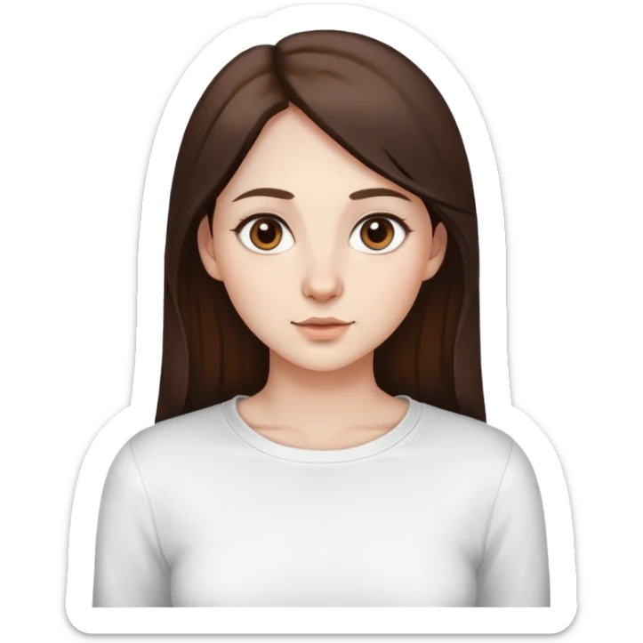 A woman with a round face, pale, light skin, big round nose, cute doe eyes, a white long sleeve shirt with a square shape cut in the t shirt near the neck area, and long dark brown hair and brown eyes  sticker