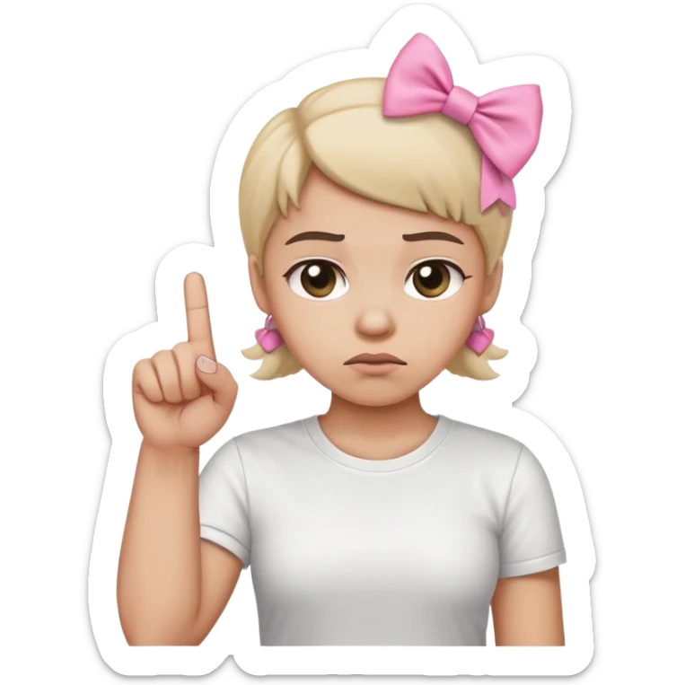 wearing s wihite tshirt, frowning with a furrowed brow, raising its middle finger, pink bow tied around the middle finger sticker