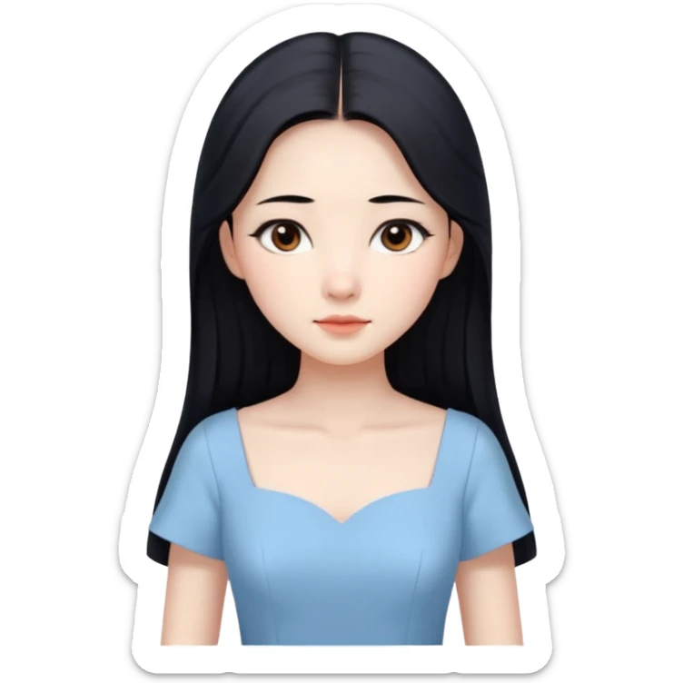 Chinese woman with a serene expression, long black hair, brown eyes, elegant pale blue dress sticker
