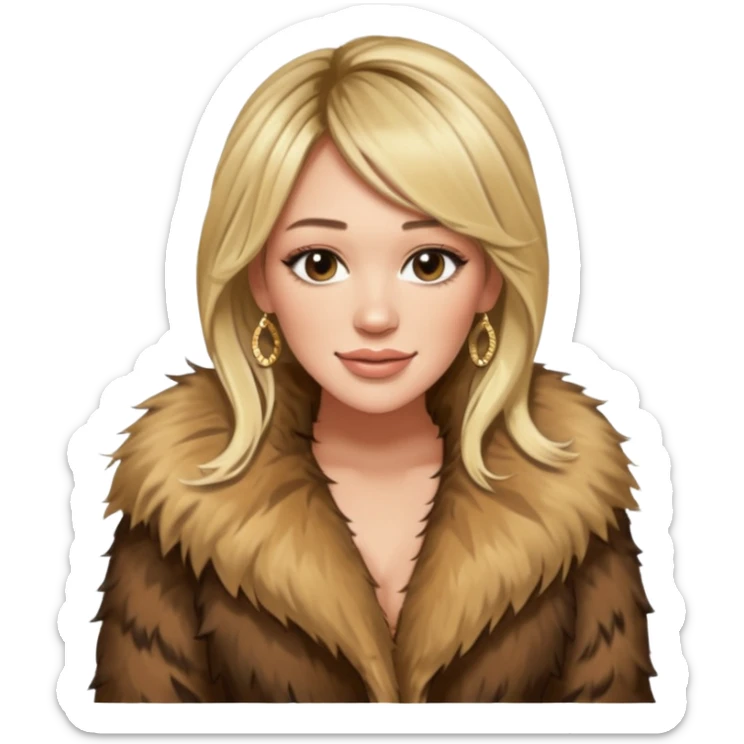 cinematic realistic ultra HD glamorous Hilary Duff extremely skinny in a shaggy fur coat with bronze glow sticker