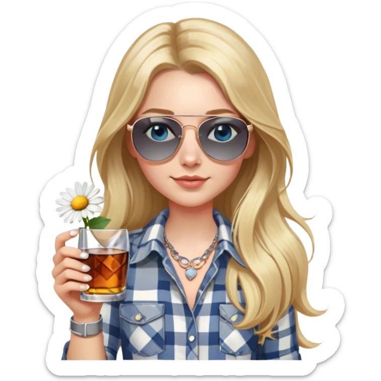 girl with long blond hair with a daisy in her hair, wearing grey/white plaid shirt, with blue eyes and aviator sunglasses, wearing a ring on her silver necklace around her neck, holding a glass of whiskey, wearing rose gold apple watch,  sticker
