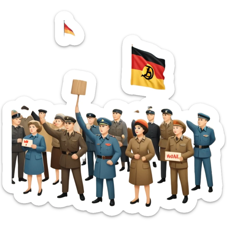 East German protest scene with people holding protest signs, DDR flag, Berlin Wall, subdued mood, 1950s sticker
