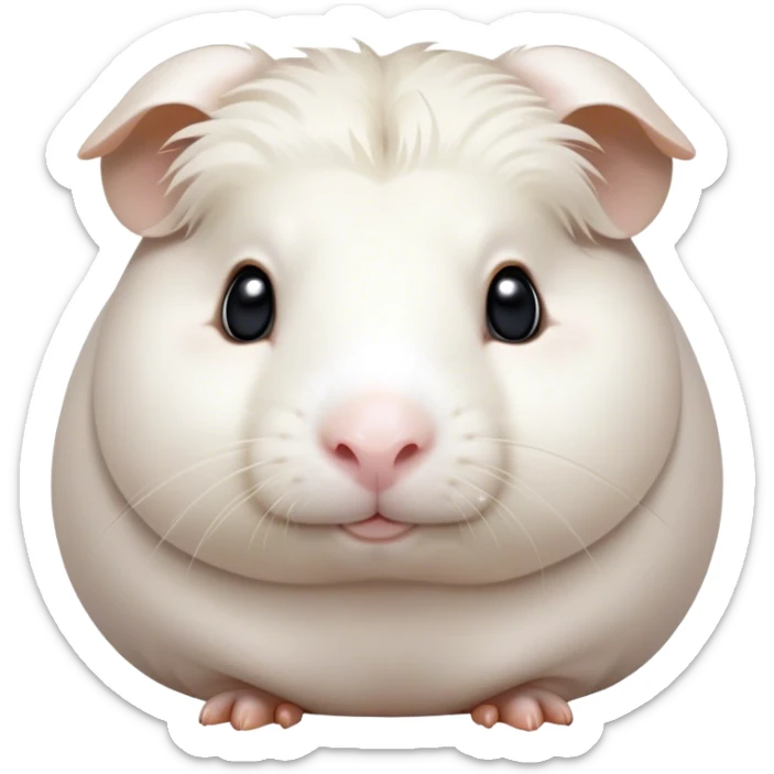 Cinematic Noble White Guinea Pig Portrait Emoji, Poised and regal, with a compact, chubby build and a pristine, well-groomed pure white coat, deep-set soulful dark eyes, Simplified yet sharp and sophisticated features, highly detailed, glowing with a soft, dignified glow, high shine, intelligent and sweet, stylized with an air of gentle purity, focused and attentive, soft glowing outline, capturing the essence of a watchful and confident little companion, so majestic it feels as though it could scurry out of the screen with effortless authority! sticker