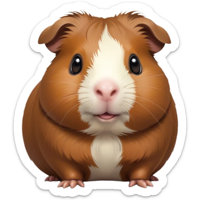 Cinematic Cute Brown Guinea Pig Portrait Emoji, Head tilted playfully and inquisitively, showcasing a velvety brown coat with a natural sheen, round, sparkling dark eyes filled with curiosity, Simplified yet irresistibly adorable features, highly detailed, glowing with a warm, friendly glow, high shine, affectionate and lively, stylized with a touch of whimsy, bright and endearing, soft glowing outline, capturing the essence of a mischievous yet loving guinea pig, so playful it feels like it could nuzzle out of the screen into your arms! sticker