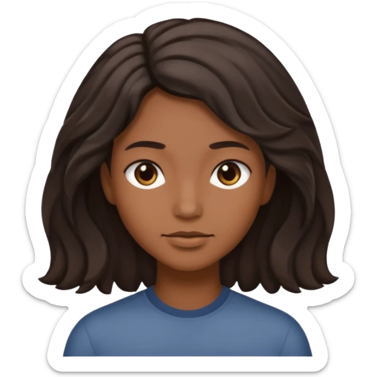 This is a cartoon-style avatar of a person with dark light wave hair, brown skin, and a calm expression sticker
